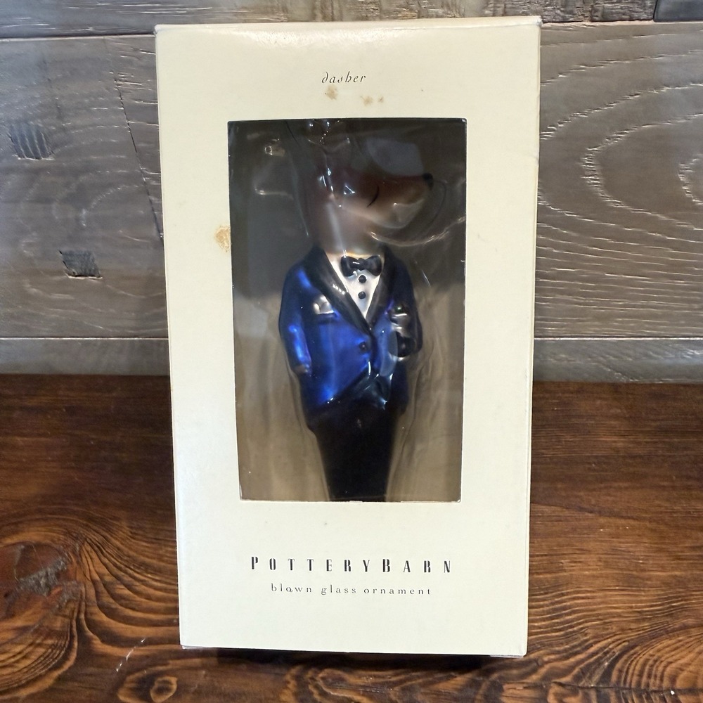 Pottery Barn Reindeer‎ Dasher Ornament Blown Glass Christmas With Original Box